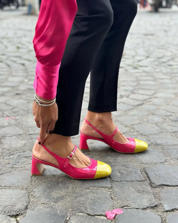 Colorblock Square Toe Block Heel Slingback Mary Jane Patent Pumps