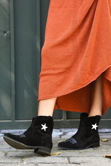 Star Pattern Stitch Detail Patchwork Black Ankle Boots