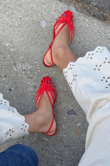 Chic Red Multi Strap Pointed Toe Slingback Flat Sandals