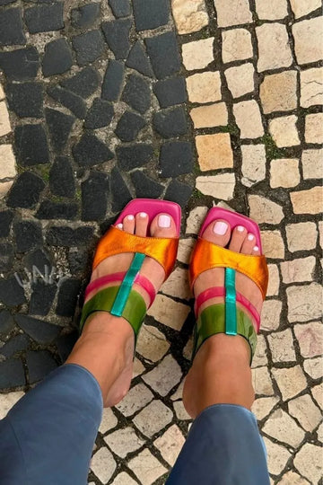 Chic Multi-Colored Metallic Strappy Mules Flared Heels