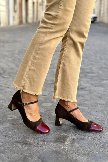 Instep Strap Buckle Colorblock Dark Brown Chunky Heels