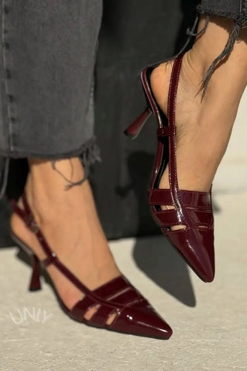 Elegant Burgundy Pointed Toe Cutout Slingback Kitten Heels
