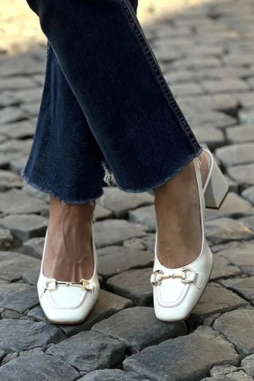 Metal Decor Square Toe Slingback White Chunky Heels