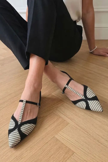 Black& White Geometric T-Strap Pointed Toe Flats