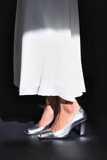 Metallic Sheen Peep Toe Elegant Silver Chunky Heels