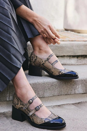 Snake Print Patchwork Two Strap Buckles Khaki Chunky Heels