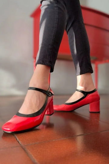 Patent Leather Colorblock Red Black Mary Jane Block Heel Pumps