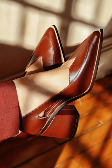 Solid Color Cutout Pointed Toe Brown Chunky Heels