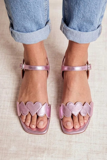 Heart Detail Open Toe Ankle Strap Metallic Pink Heels
