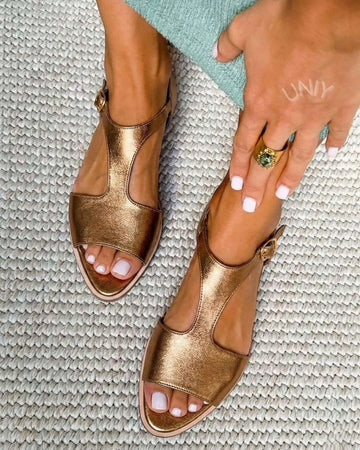 Elegant Metallic Gold T-Strap Ankle Buckle Casual Flat Sandals