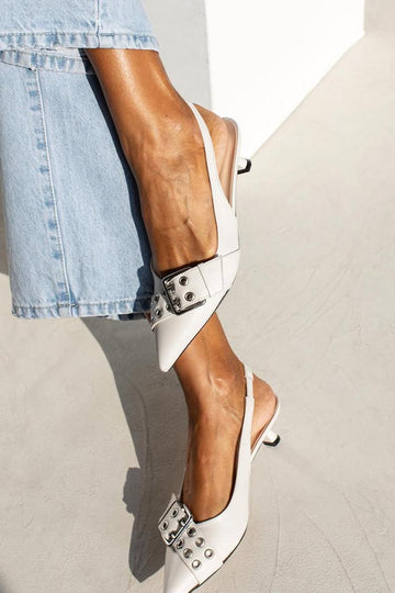 Pointed Toe Strap Buckle Decor Slingback White Kitten Heels