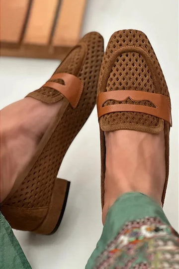 Hollow Out Patchwork Square Toe Brown Loafers