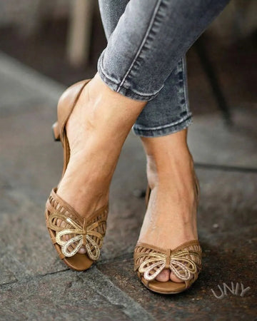 Brown Butterfly Bow Lattice Peep Toe Low Block Heels