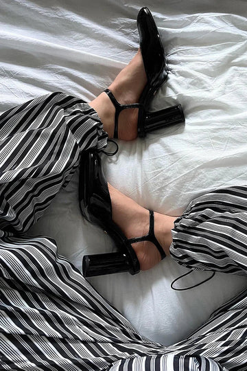 Solid Color Ankle Strap Buckle Black Chunky Heels