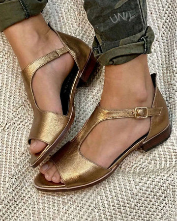 Gold Metallic T-Strap Open Toe Flat Summer Sandals