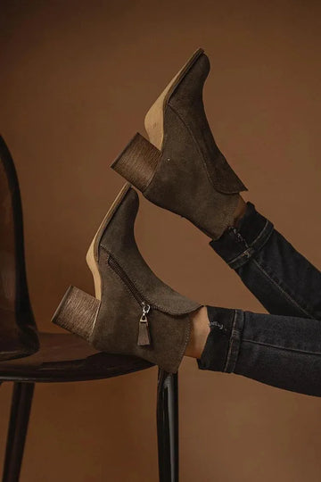 Seam Side Zip Chunky Heel Dark Brown Ankle Boots