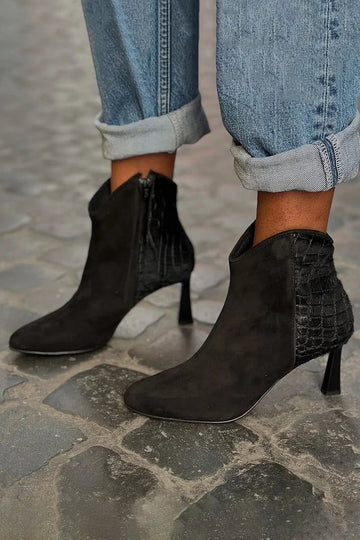 Crocodile Print Pointed Toe Black Stiletto Heels Boots
