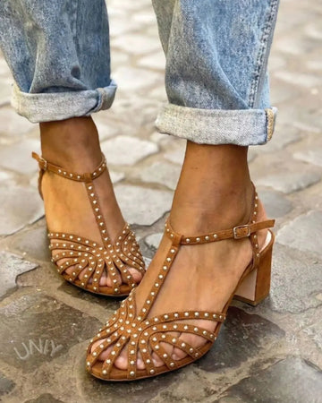 Solid Color Studded T-Strap Ankle Strap Block Heel Sandals