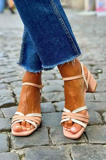 Hollow Out Colorblock Square Toe Apricot Chunky Heels