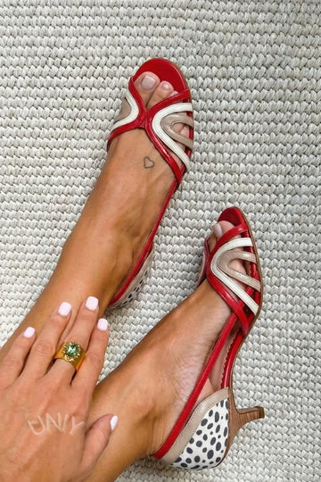 Chic Red Cream Color Block Spotted Peep Toe Kitten Heels