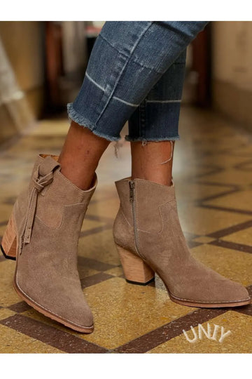 Tan Suede Zip Detail Block Heel Boots