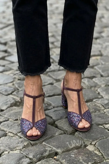 Glamorous Purple Glitte T-Bar Low Block Heels
