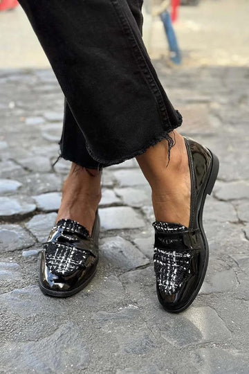 Colorblock Patchwork Casual Round Toe Black Loafers