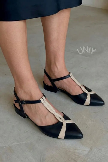 Vintage Black Cream T-Strap Pointed Toe Mary Jane Flats