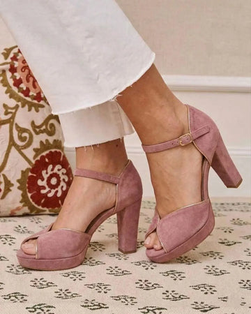 Dusty Rose Suede Gold Trimmed Peep Toe Platform Sandals