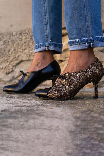 Patchwork Tied Up Round Toe Glitter Black Stiletto Heels
