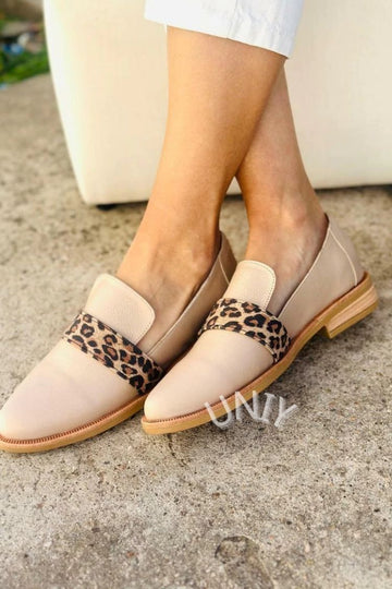 Beige Leather Leopard Print Slip-On Loafers