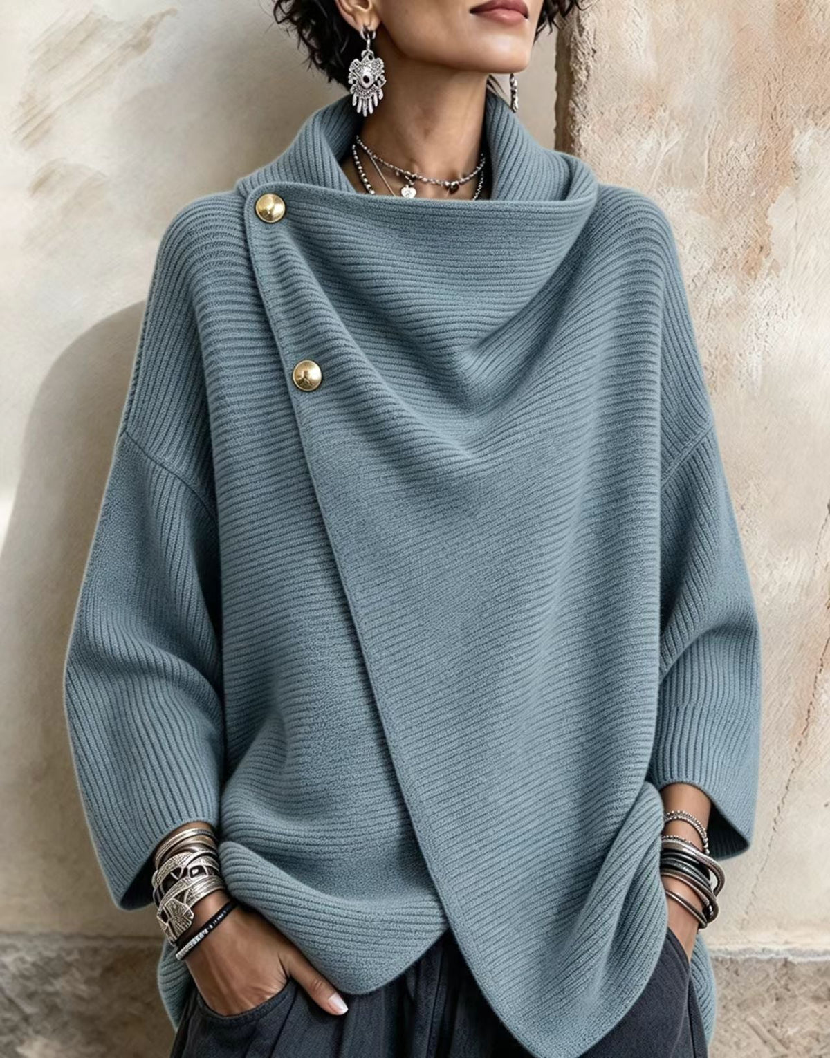 🤲LAST DAY SAVE 49% ⏰Relaxed Chic Knitted Asymmetric Button-up Top