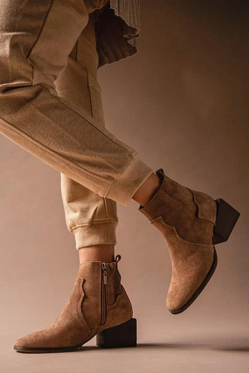 Patchwork Pointed Toe Side Zip Brown Chunky Heel Ankle Boots