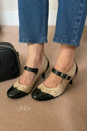 Elegant Bicolor Round Toe Patent Leather Wingtip Kitten Heels