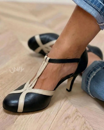 Versatile Black Color Block Round Toe T-Strap Kitten Heels