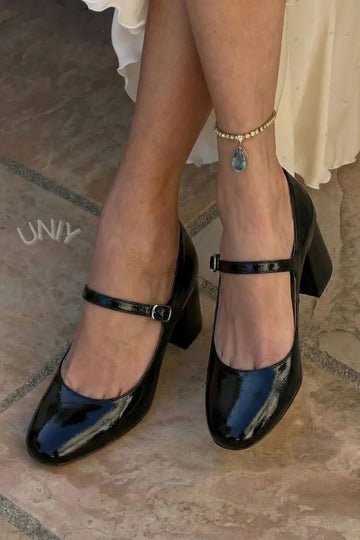 Chic Black Patent Leather Round Toe Block Heels