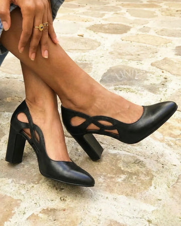 Retro Black Leather Pointed Toe Unique Side Cutout Block Heels