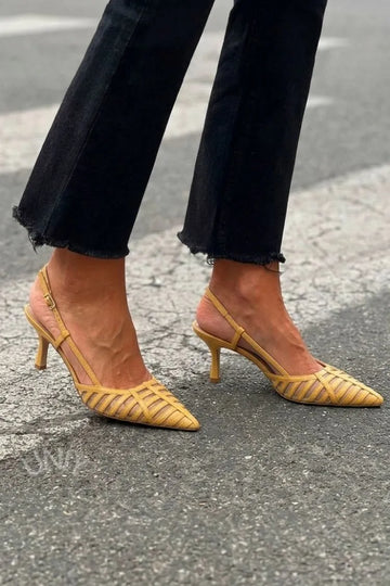 Chic Mustard Yellow Mesh Pointed Toe Slingback Kitten Heels