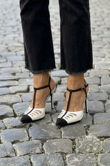 Elegant Two Tone Pointed Toe Hollow T-Strap High Heels