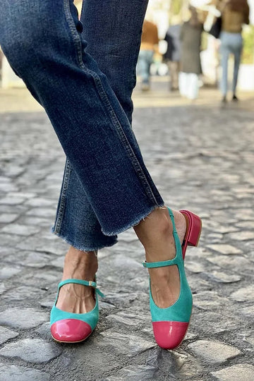Instep Strap Buckle Colorblock Slingback Green Low Heels
