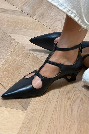 Crossover Strap Zipper Pointed Toe Black Low Heels