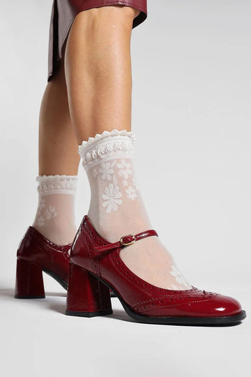 Instep Strap Buckle Round Toe Burgundy Chunky Heels