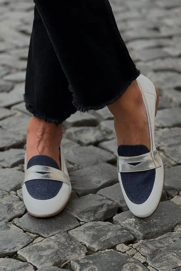 Metallic Sheen Patchwork Round Toe White Loafers