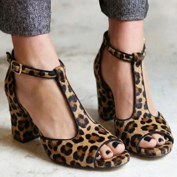 Stylish Leopard Pattern T-Bar Strap Block Heel High Heel Pumps