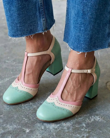 Elegant Colorblock T-Strap Brogue Block Heel Pumps