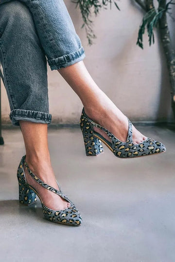 Leopard Print Irregular Strap Buckle Pointed Toe Chunky Heels