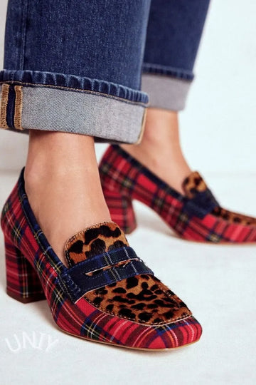 Red Plaid Leopard Print Block Heels