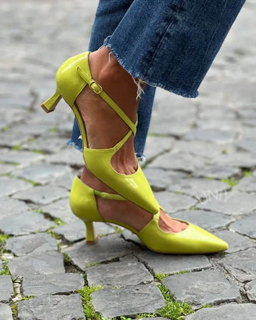 Chic Green Pointed Toe Ankle Strap Elegant Kitten Heels
