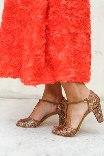 Multi Glitter Peep Toe T-Strap Bronze Chunky Heels