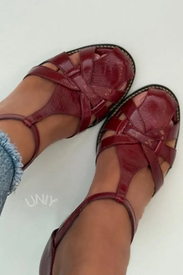 Burgundy Patent Leather T-Strap Woven Block Heel Sandals
